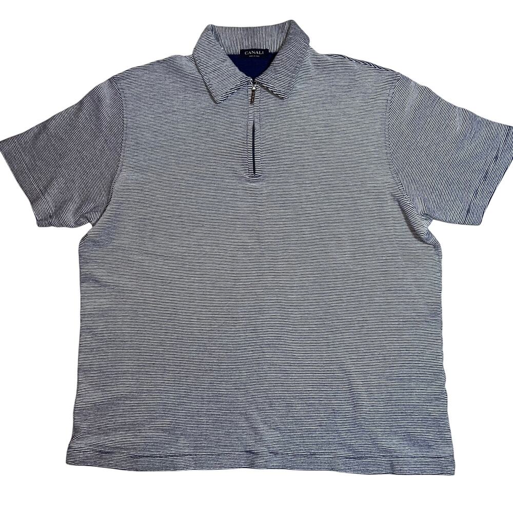Canali  navy blue striped men's polo preppy shirt made in Italy 100% cotton